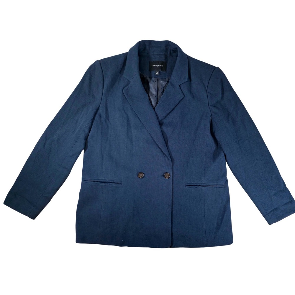 Banana Republic Size 16 Blue Cotton Linen Blend Double Breasted Blazer Jacket - Picture 1 of 9